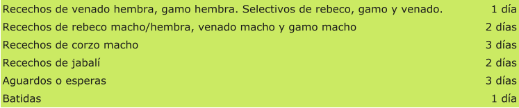 Recechos de venado hembra, gamo hembra. Selectivos de rebeco, gamo y venado. 1 da Recechos de rebeco macho/hembra, venado macho y gamo macho 2 das Recechos de corzo macho 3 das Recechos de jabal 2 das Aguardos o esperas 3 das Batidas 1 da